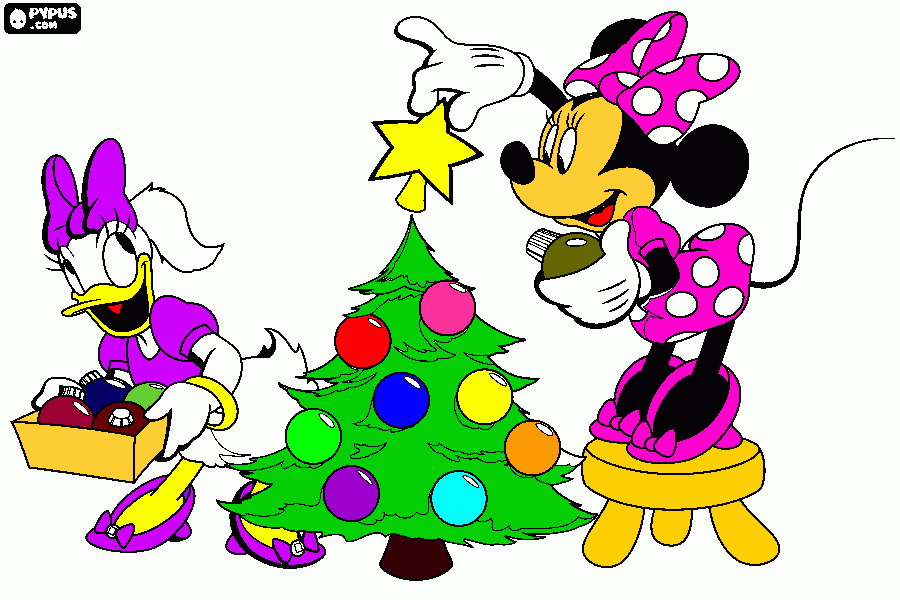 dessin Coloriage Minnie et Daisy travaillant sur la décoration de l'arbre de Noël