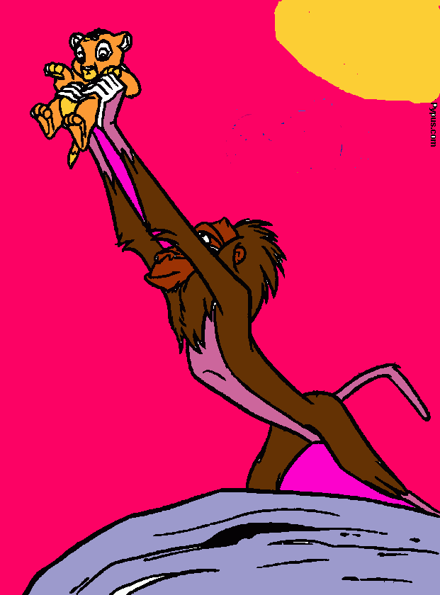 dessin le petit simba le futur roi lion dans les bras de rafiki