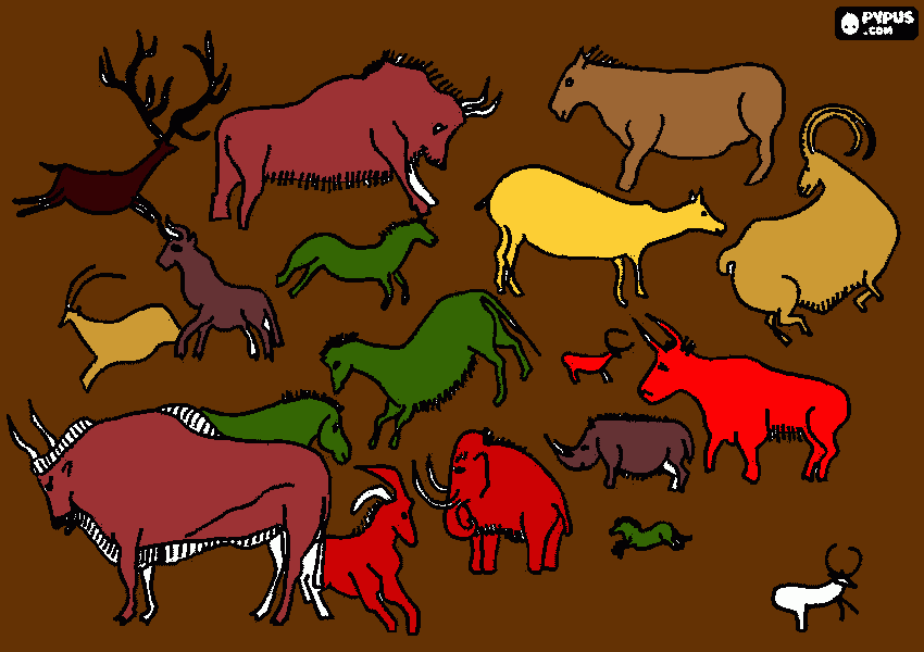 dessin Les animaux des parois avec deux bisons et un mammouth