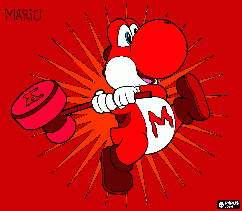 dessin Mario transformé en yoshi rouge utilisant le FIRE-HAMER