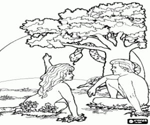 Coloriage Adam et Eve tent�s par le serpent de manger une pomme