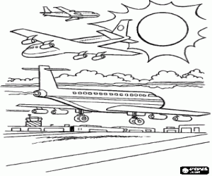 Coloriage A�ronefs d'atterrissage e volant au-dessus de l'a�roport