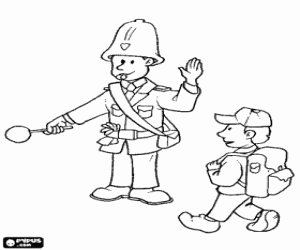 Coloriage Agent de police - Bobby contr�lant du trafic afin de permettre le passage des enfants � proximit� d'une �cole
