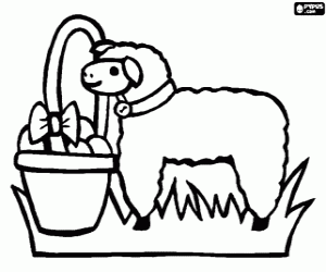 Coloriage Agneau de P�ques avec un panier plein d'�ufs