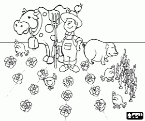 Coloriage Agriculteur avec fourche � la main dans le jardin avec des poulets, de porc et de vache