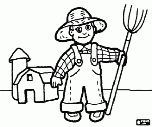 Coloriage Agriculteur avec fourche � la main, et la ferme de fond