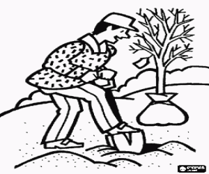 Coloriage Agriculteur ou jardinier plantant un arbre