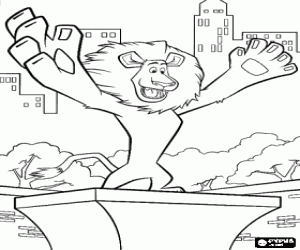 Coloriage Alex, le lion du zoo de Central Park � New York, avec les bras ouverts sur le pi�destal