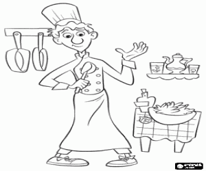 Coloriage Alfredo Linguini avec le chapeau de chef dans la cuisine du restaurant