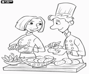 Coloriage Alfredo Linguini et Collette Tatou en pelant les pommes de terre dans la cuisine du restaurant