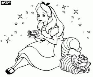 Coloriage Alice avec une tasse de th� et le chat magique � ses c�t�s