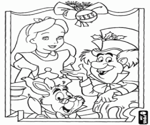 Coloriage Alice en c�l�brant le No�l avec le Chapelier Fou et le Lapin Blanc