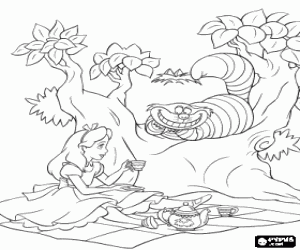 Coloriage Alice prendre le th� et bavarder avec le Chat de Cheshire