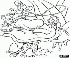 Coloriage Alice regarda la chenille bleue de fumer un narguil� ou de bulles de Hubble sur un champignon g�ant