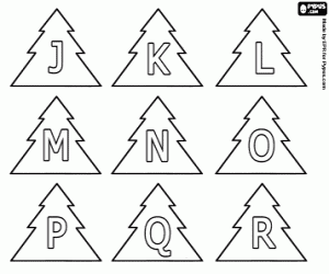 Coloriage Alphabet de No�l, lettres majuscules J � R dans un arbre de No�l