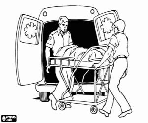 Coloriage Ambulanci�rs, infimiers d'ambulance dans une situation d'urgence � le d�placement d'un patient sur une civi�re � l'h�pital
