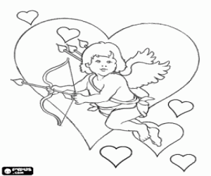Coloriage Amour avec un arc et une fl�che entre nombreux coeurs