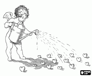 Coloriage Ange de l'Amour � irriguer un champ de c�urs