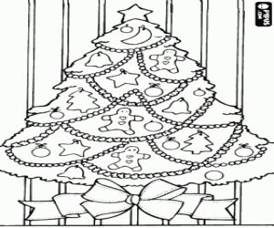 Coloriage Arbre de No�l avec de nombreuses d�corations et un grand noeud