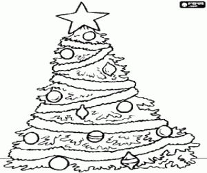 Coloriage Arbre de No�l avec des d�coratifs rubans, les balles et le �toile