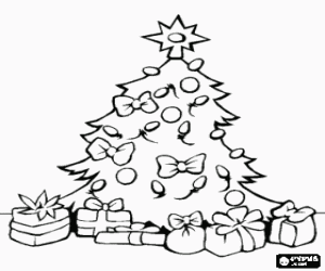Coloriage Arbre de No�l d�cor� de perles, de rubans, d'une grande �toile et avec des cadeaux sous
