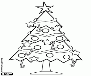 Coloriage Arbre de No�l d�cor� de rubans, des balles, des cannes en sucre et des �toiles