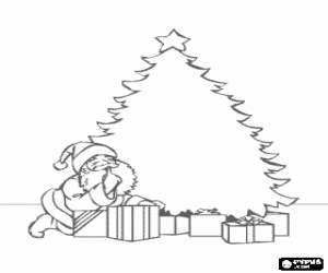 Coloriage Arbre de No�l et le P�re No�l mettant dons tranquillement