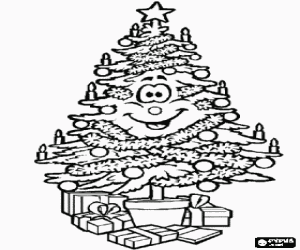 Coloriage Arbre de No�l souriant et  joyeuse avec d�corations per les f�tes et des cadeaux sous