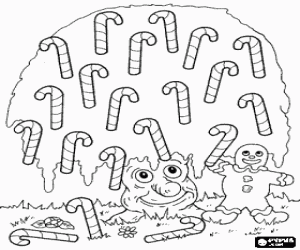 Coloriage Arbre souriant plein de cannes de bonbon � c�t� d'un homme de pain d'�pice