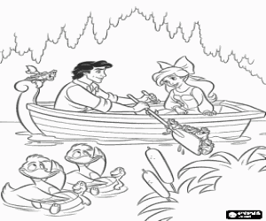 Coloriage Ariel et prince Eric dans une promenade romantique en bo�te