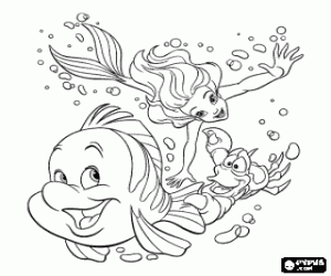 Coloriage Ariel, la petit sir�ne nage joyeusement avec ses amis, S�bastien et Flounder