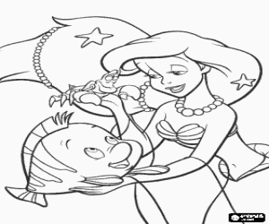 Coloriage Ariel, la petite sir�ne, avec ses amis, S�bastien et Flounder
