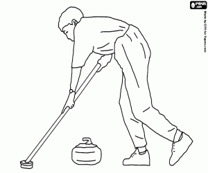 Coloriage Athl�te pratiquant le curling, un lanceur lance un lecteur de rock glisser sur la glace sur une cible et de ses acteurs brosse d'accompagnement