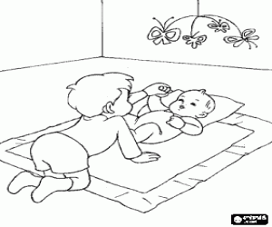 Coloriage Baby �tir� sur le sol sur sa couverture et avec un mobile suspendu, en jouant avec son fr�re a�n�