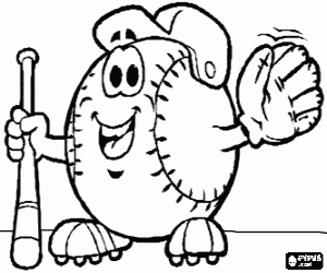 Coloriage Balle de baseball avec une casquette, de gant et de batte