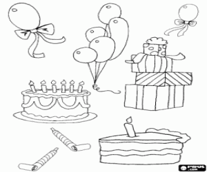 Coloriage Ballons, des cadeaux, du g�teau d'anniversaire avec des bougies