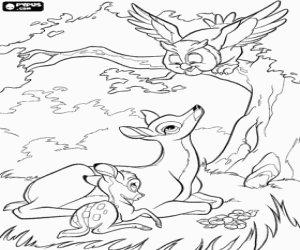 Coloriage Bambi avec sa m�re parlant � M. Hibou