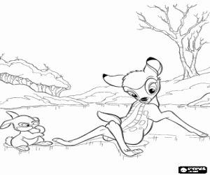 Coloriage Bambi et Pan-Pan sur la glace de lac