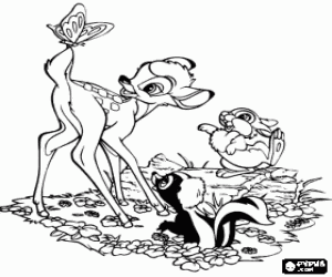 Coloriage Bambi et ses amis Fleur et  Pan-Pan dans le bois en jouant avec un papillon