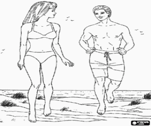 Coloriage Barbie et Ken sur la plage avec bikini et bermuda ou short de bain