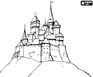 Coloriage B�timent fortifi�u ch�teau au sommet d'une montagne