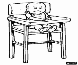 Coloriage B�b� avec le bavoir pos� dans sa chaise de b�b� ou chaise haute pr�par�e pour manger