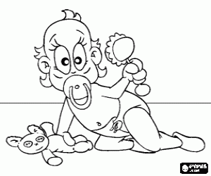 Coloriage B�b� avec une sucette dans sa bouche, un hochet et un ours en peluche dans les mains