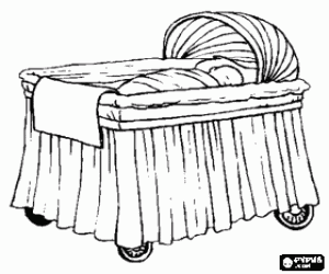 Coloriage B�b� dans un berceau d�cor� de jupes