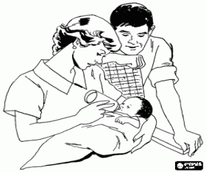 Coloriage B�b� en prenant son biberon dans des bras de sa m�re et sous l'�il vigilant de son p�re