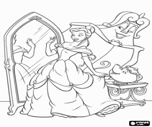 Coloriage Belle avec sa belle robe se regarder dans le miroir sous l'�il vigilant de la garde-robe et Mme. Samovar