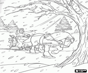 Coloriage Belle conduit un tra�neau � cheval par un paysage enneig�