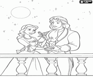 Coloriage Belle et la B�te, d�j� devenu en Prince, dans l'amour sous la lune et les �toiles