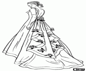 Coloriage Belle robe de mari�e avec une longue queue d�cor�e de roses pour un mariage en �t�
