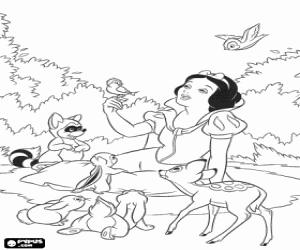 Coloriage Blanche-Neige assis sur le sol � jouer avec les petits animaux de la for�t